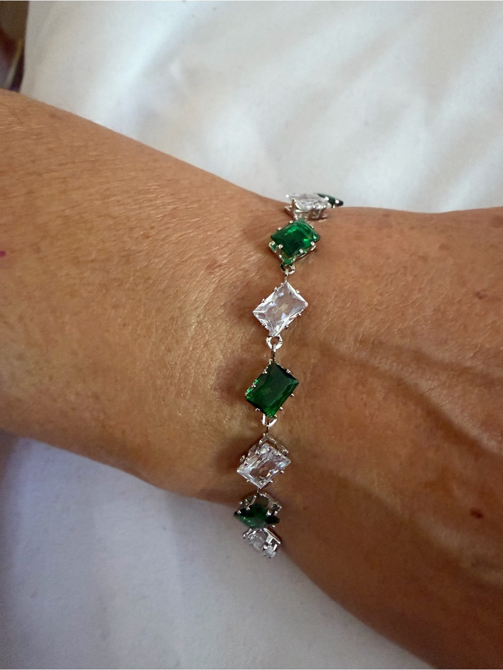 Sterling Silver Emerald and Clear Crystal Tennis Bracelet - Green and Clear
